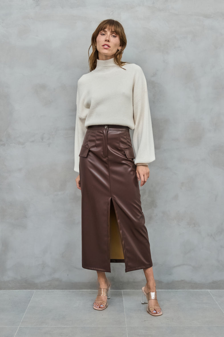 Long pencil skirt in cargo-effect faux leather