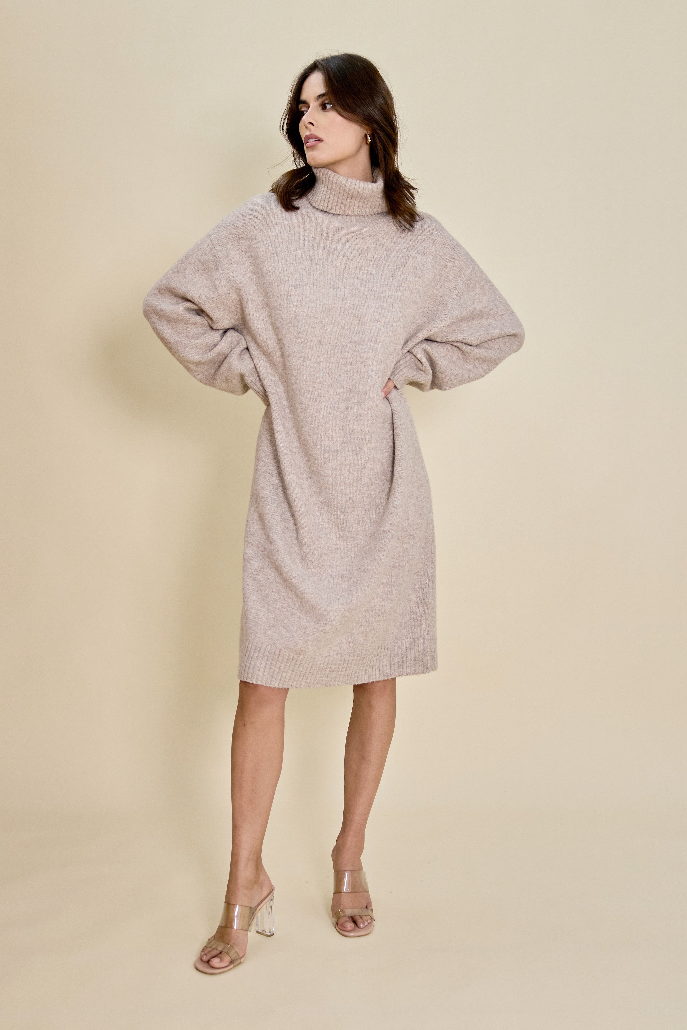 Knit turtleneck mid-length sweater dress