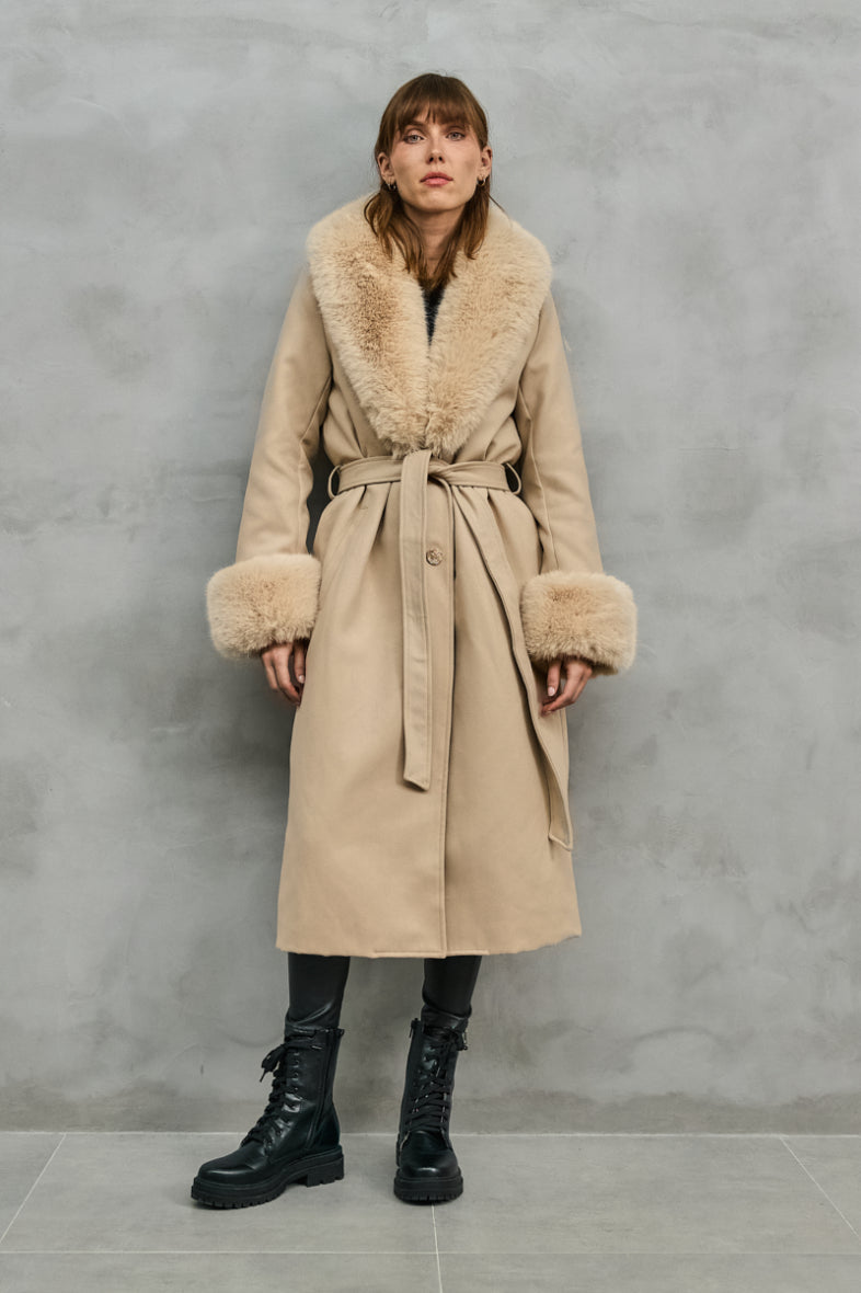 Cashmere touch coat with removable fur