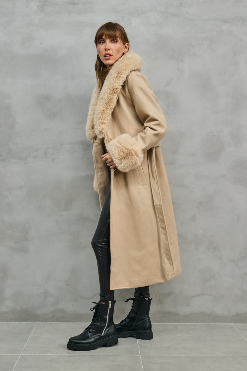 Cashmere touch coat with removable fur