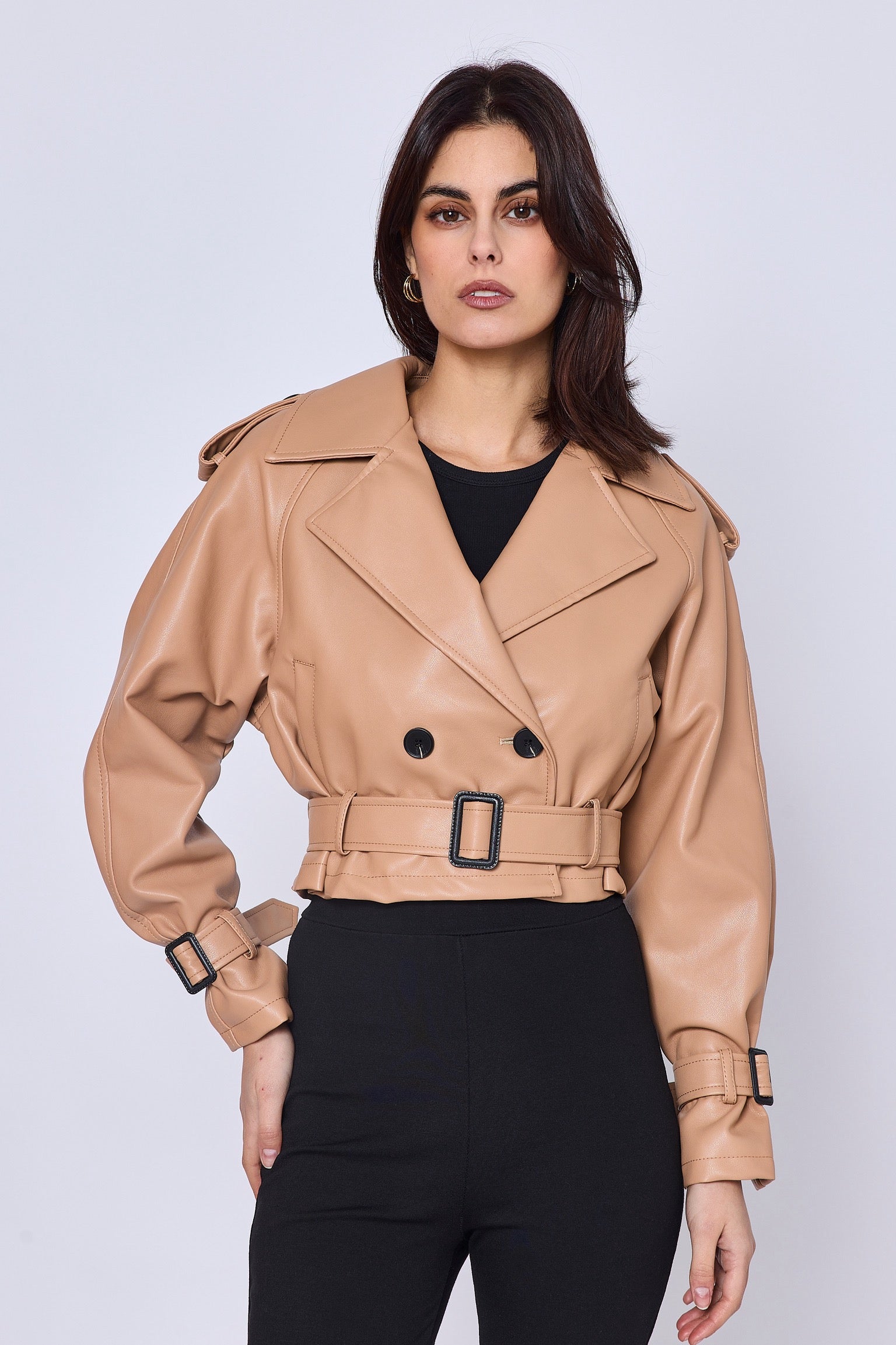 Short faux leather trench coat