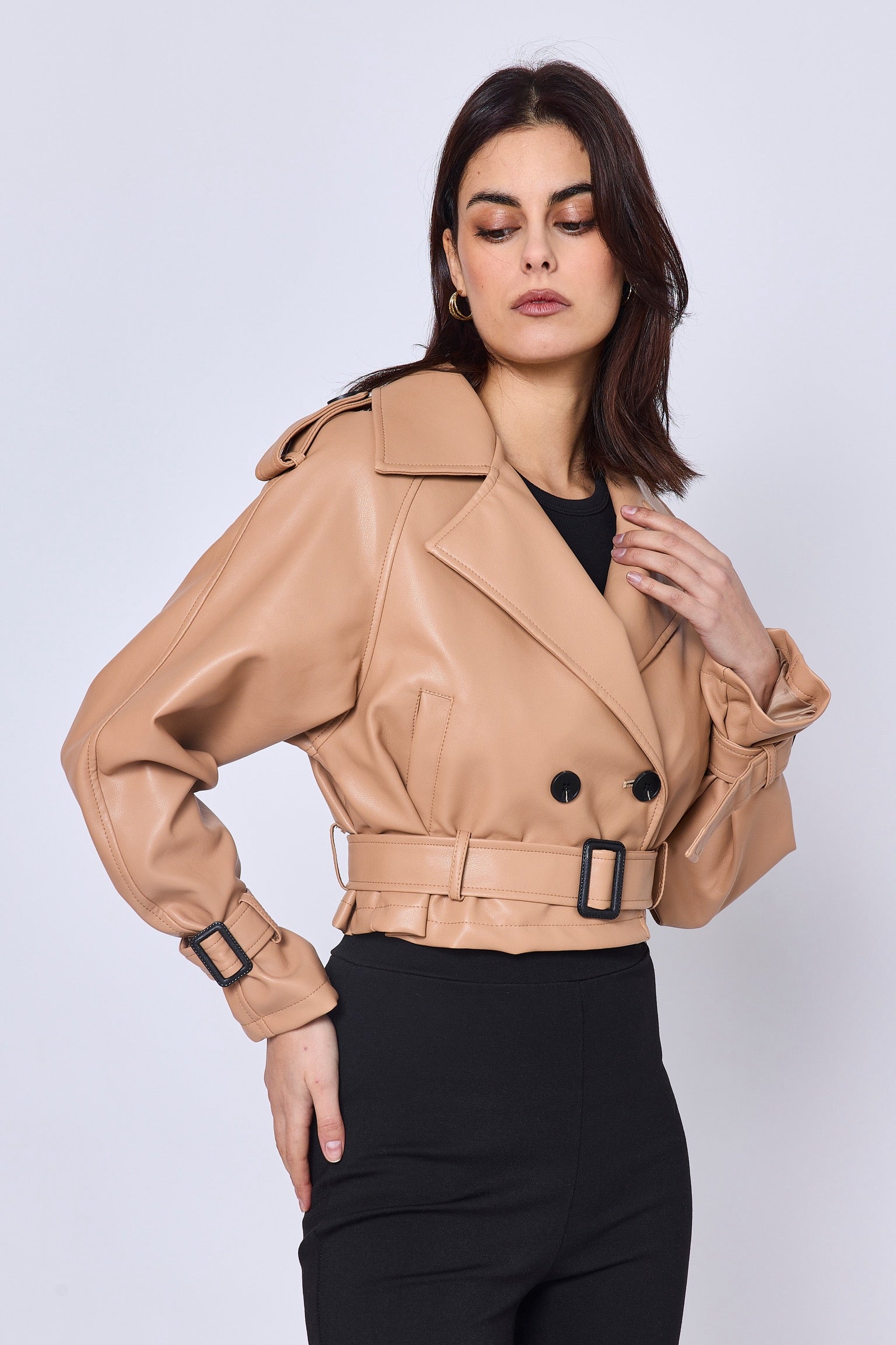 Short faux leather trench coat