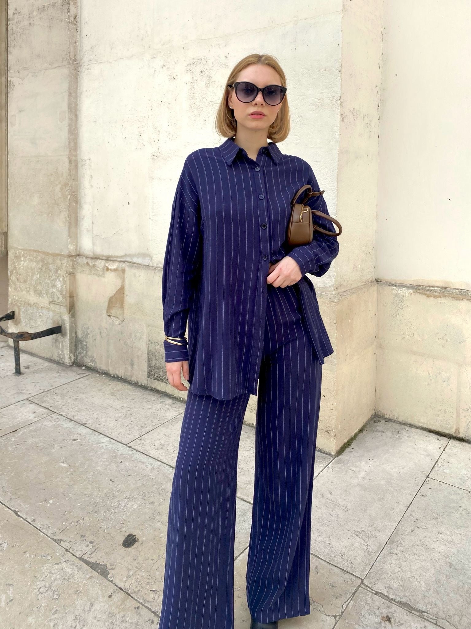 Ensemble rayé en lin melangé, chemise et pantalon