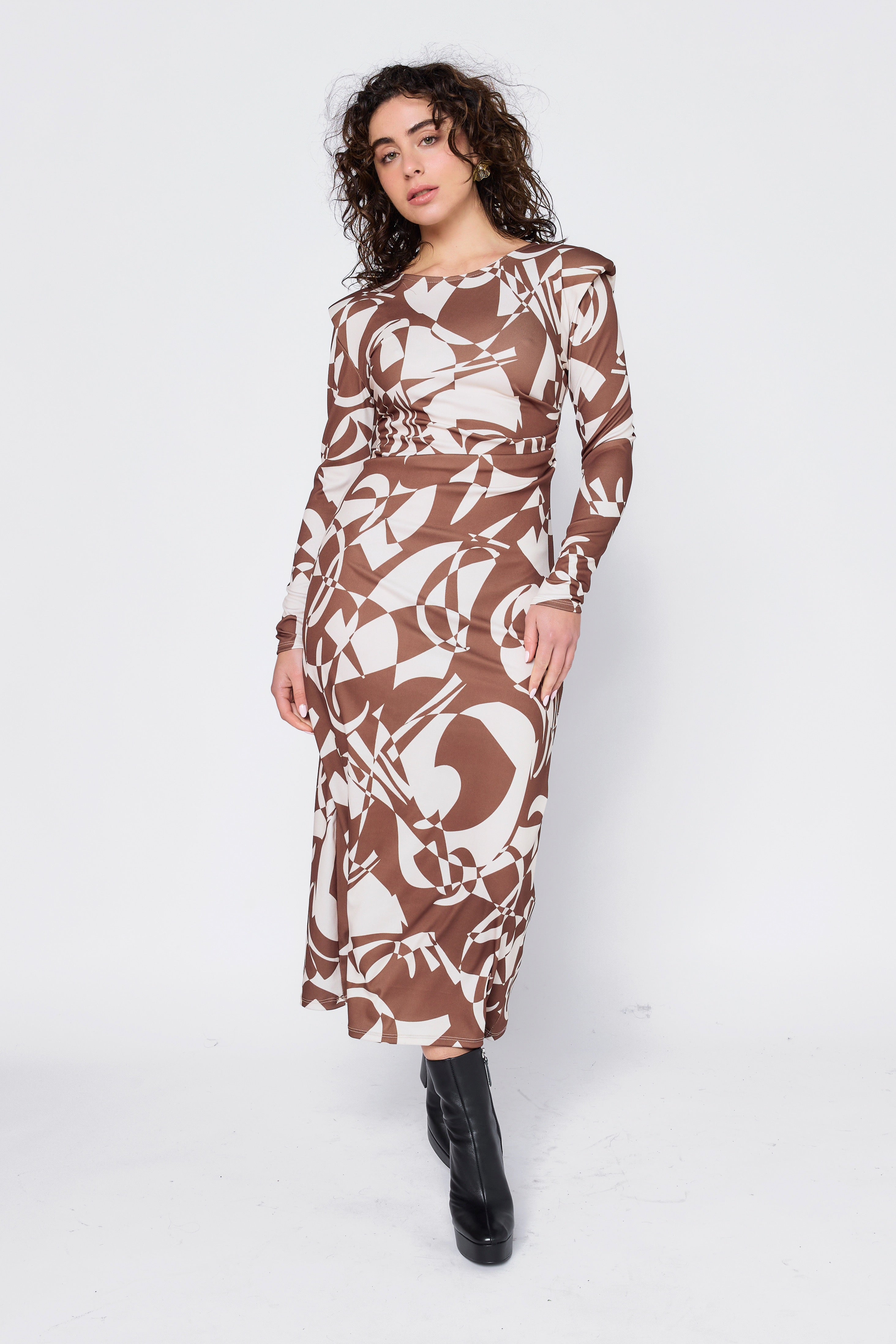 Long flowing printed dress with shoulder pads